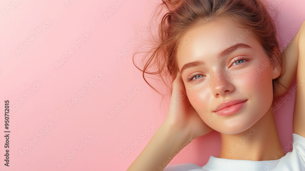 Young woman relaxing against a pink background in daylight Young woman relaxing against a pink background in daylight