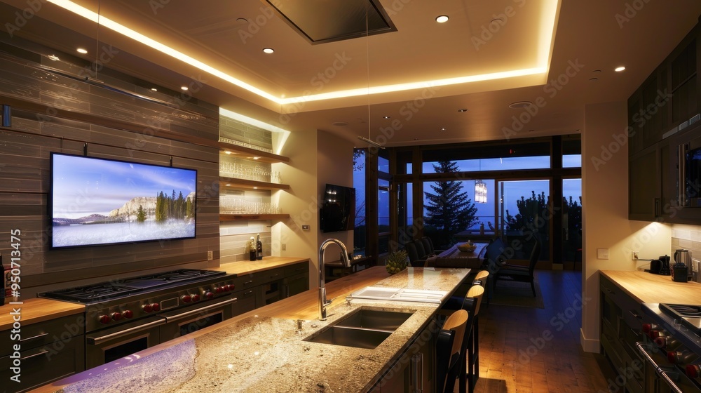 Fototapeta premium Modern Kitchen Interior with LED Strip Lighting and Sleek Design Featuring Smart Appliances and Contemporary Decor