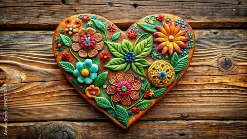 Vibrant heart-shaped clay art piece with intricate textures and patterns, adorned with tiny flowers and leaves, sitting on a rustic wooden background, exuding warmth and love.