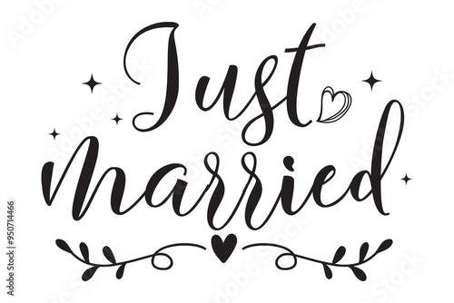 Just Married hand lettering phrase. Vector brush calligraphy text design isolated on white background.