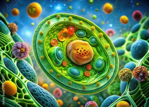 Vibrant, high-magnification image of a plant cell's intricate structure, showcasing chloroplasts, nucleus, and cell wall, with a subtle gradient background accentuating the microscopic details. photo