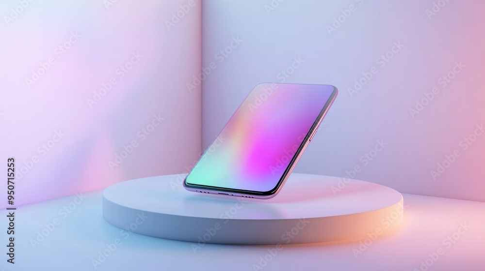 Smartphone with Gradient Screen on a White Circular Platform Smartphone with Gradient Screen on a White Circular Platform