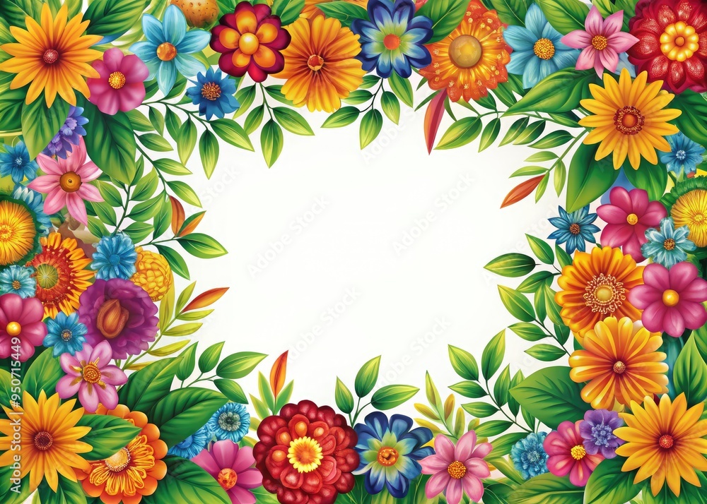 Fototapeta premium Vibrant illustration of colorful flowers and leaves intricately woven within a decorative vector border, creating a stunning visual frame for creative designs and projects.