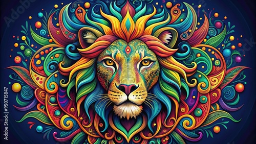 Vibrant, intricately detailed illustration of a majestic lion's head, adorned with bold, colorful tribal patterns and swirling shapes, perfect for tattoo design inspiration.