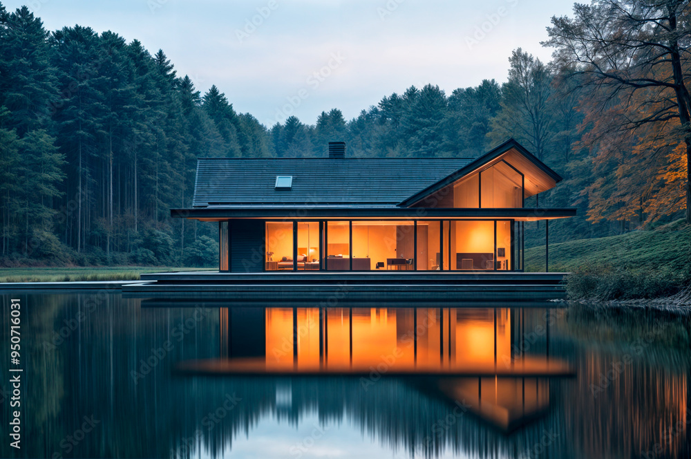 Obraz premium Contemporary lakefront house with large windows reflecting on still water in a forested setting.