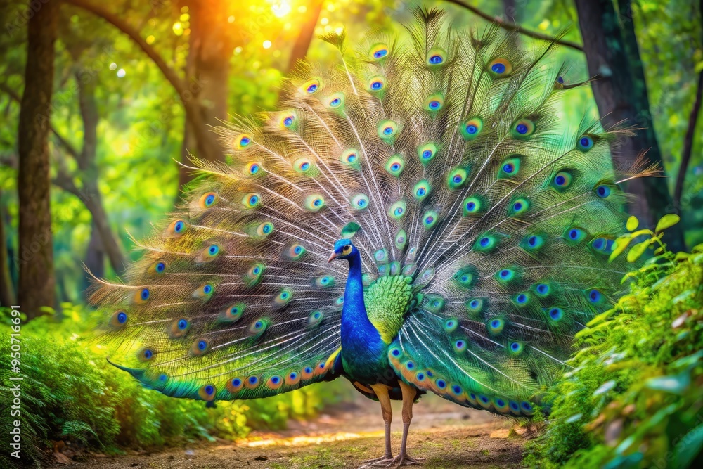 Obraz premium Vibrant male Indian peafowl proudly displays iridescent emerald and sapphire feathers, fanning majestic plumage in lush green forest surroundings with subtle sunlight filtering through.