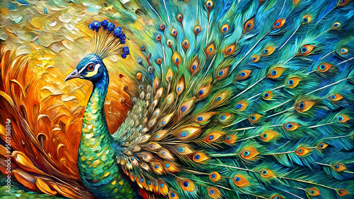 Conceptual abstract picture of the peacock with a colorful tail, oil painting and palette knife on canvas