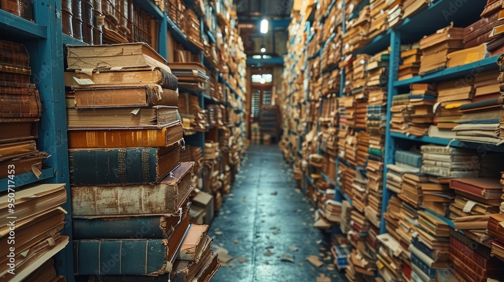 Obraz premium A captivating corridor of antique bookshelves filled with timeworn volumes in a historic library during golden hour. Generative AI
