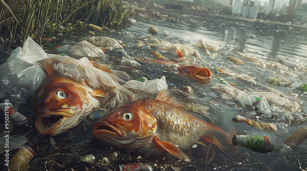 Ecological disaster. Image of many dead fish floating belly up in a ...