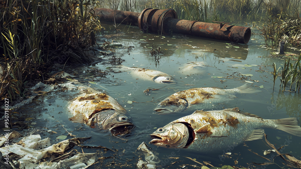Ecological disaster. Image of many dead fish floating belly up in a ...