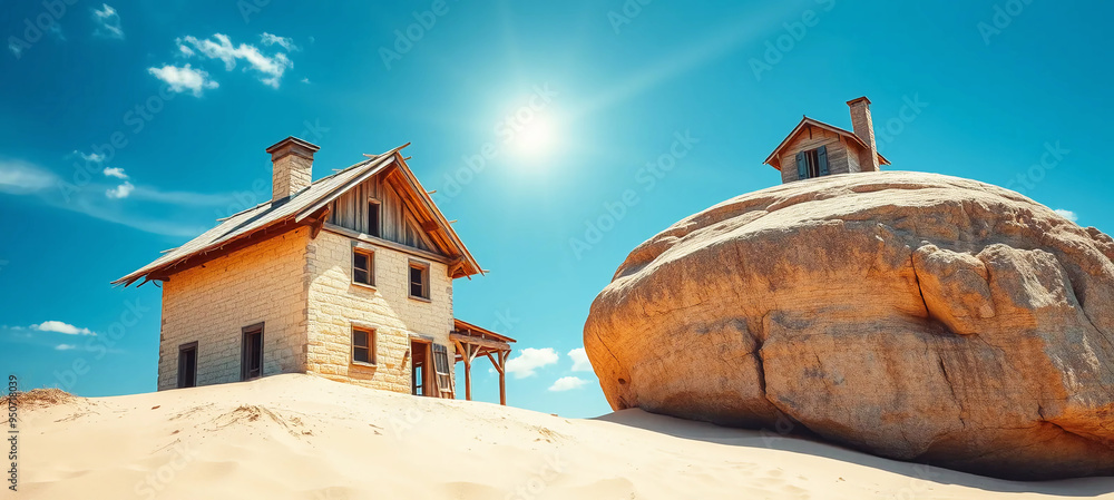 Naklejka premium house constructed on sand versus one built on rock. Gospel of Matthew. Hearing Jesus' teachings and putting them into practice. Blue sky bright scene.