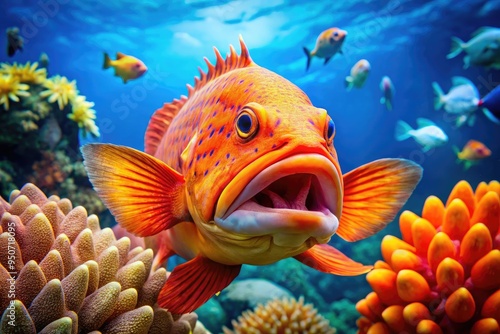 Vibrant orange saber-toothed fish swimming in a colorful coral reef, its sharp teeth and vibrant scales contrasting with the calm turquoise ocean background. photo