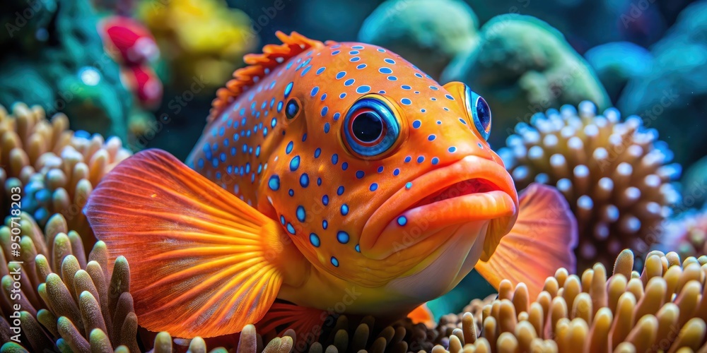 Vibrant orange stargazer fish with striking blue spots and elongated body peeks out from beneath the sandy ocean floor, surrounded by sea anemones and coral. Vibrant orange stargazer fish with striking blue spots and elongated body peeks out from beneath the sandy ocean floor, surrounded by sea anemones and coral.
