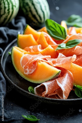 Delicious Melon and Prosciutto Appetizer on Dark Background