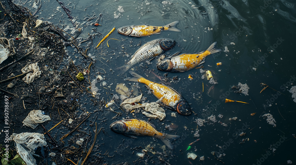 Ecological disaster. Image of many dead fish floating belly up in a ...
