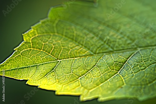 Close-Up of a Vibrant Green Leaf Showcasing Intricate Veins and Texture