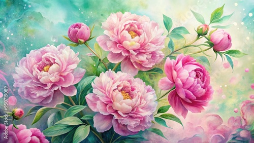 Vibrant pink peonies bloom against a stunning watercolor-inspired background, featuring swirling patterns and soft pastel hues, creating a beautiful and unique artful design.