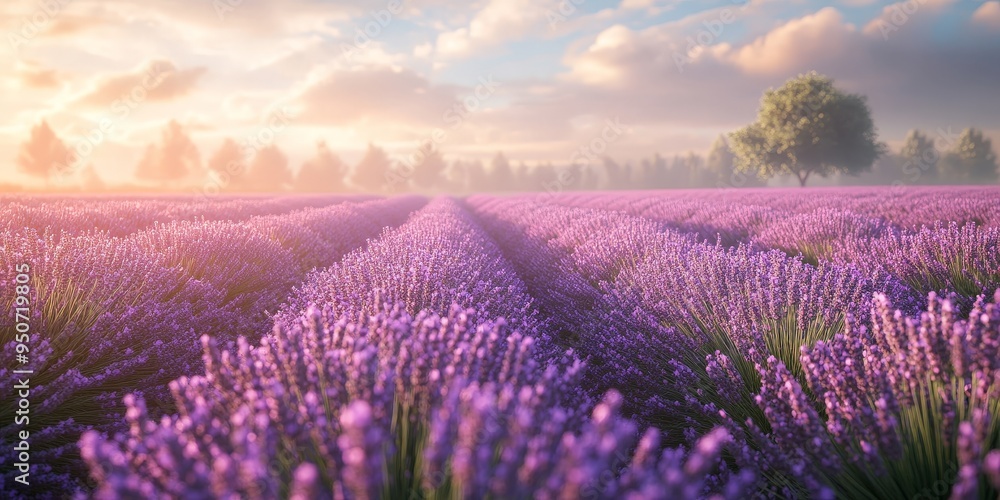 Obraz premium Sunset over a peaceful lavender field with golden light