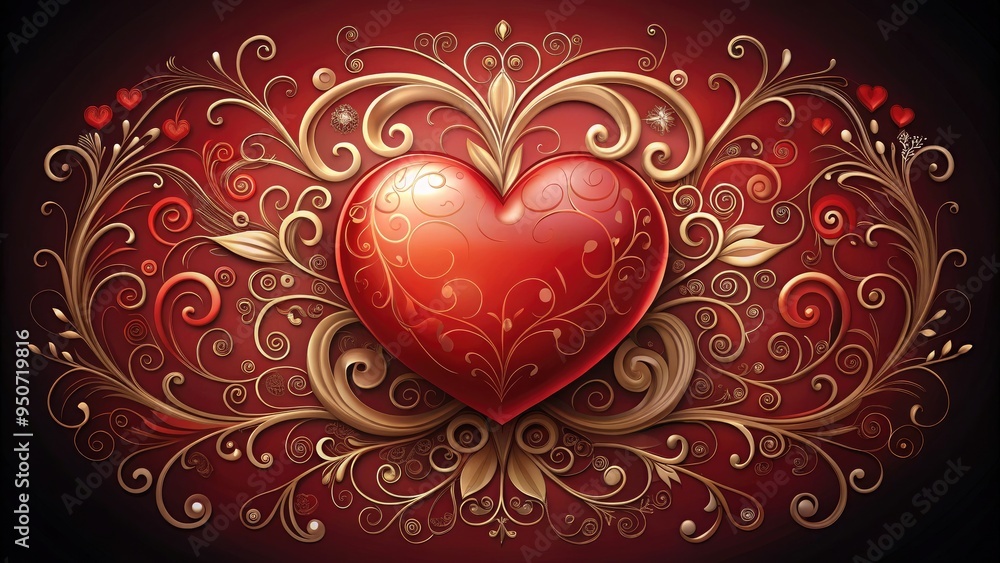 Vibrant red heart bounded by delicate swirls and ornate filigree, surrounded by subtle textures, creating a whimsical and romantic illustration perfect for Valentine's Day themes. Vibrant red heart bounded by delicate swirls and ornate filigree, surrounded by subtle textures, creating a whimsical and romantic illustration perfect for Valentine's Day themes.