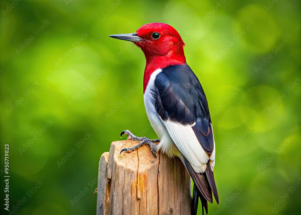 Obraz premium Vibrant red-headed woodpecker perched on a weathered wooden fencepost, showcasing its striking plumage, black back, and bold, curious gaze amidst a lush green background.