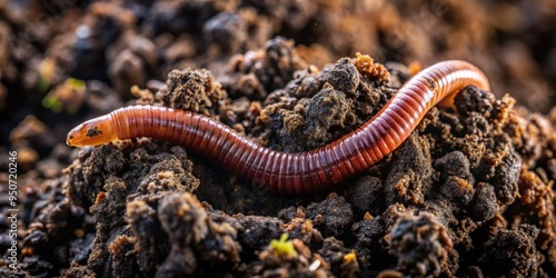 Vibrant, segmented earthworm burrows slowly through dark, moist soil, its setae-covered body glistening with dew, surrounded by decaying organic matter and tiny root systems.