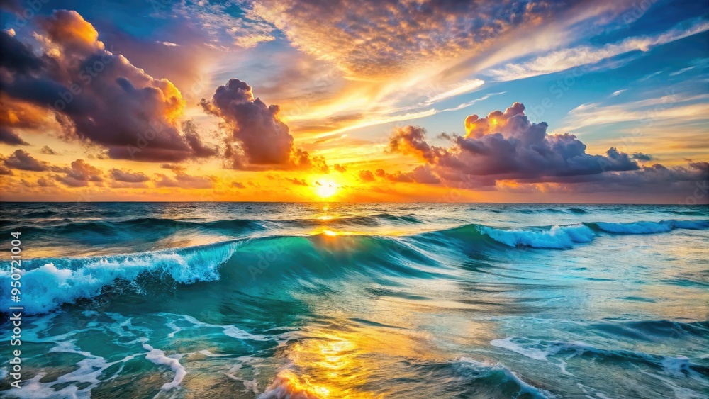 Fototapeta premium Vibrant sunset illumination on serene ocean waves, with gentle ripples and vast expanse of turquoise water meeting the horizon, creating a breathtakingly beautiful natural scenery.