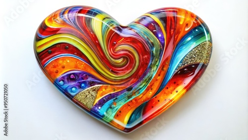 Vibrant, swirling colors merge in a stunning heart-shaped fused glass artwork, showcasing intricate textures and glossy finishes, radiating love, warmth, and artistic elegance.