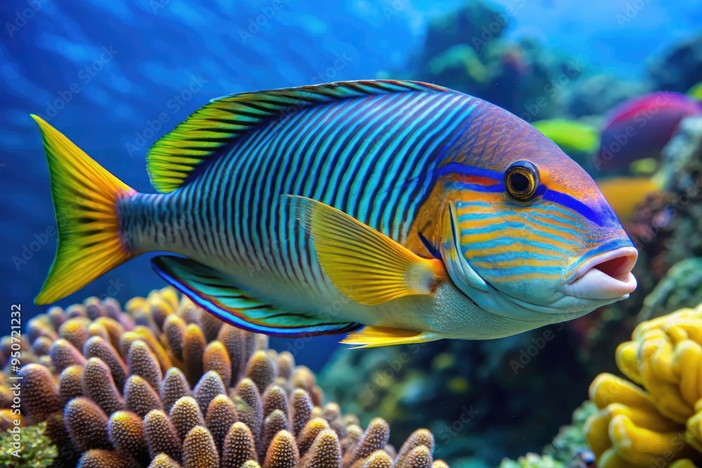 Naklejka premium Vibrant tuskfish swims in crystal-clear waters, showcasing its striking blue and yellow stripes, long snout, and impressive dental structure, amidst a coral reef backdrop.