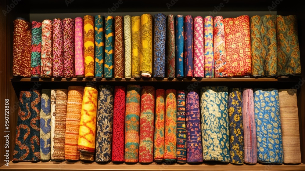 A display of fabrics from different cultures, each with unique patterns and materials. A display of fabrics from different cultures, each with unique patterns and materials.