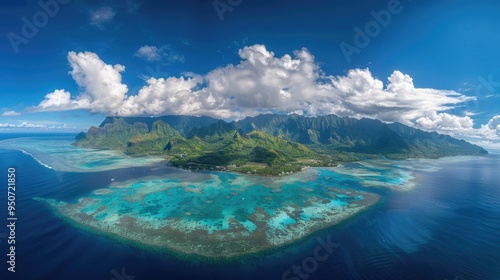 panoramic aerial view of the beautiful and coral reef in moorea, mountains in the background, white clouds, blue sky,