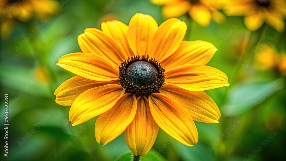 Obraz premium Vibrant yellow flower with black center and delicate petals, commonly found in gardens, symbolizing beauty, warmth, and happiness, against a blurred green background.