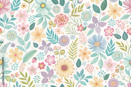 Whimsical flowers in soft pastel hues bloom against a delicate, seamless background, repeating pattern of illustrated botanical elements ideal for wrapping paper, textiles, and design projects.