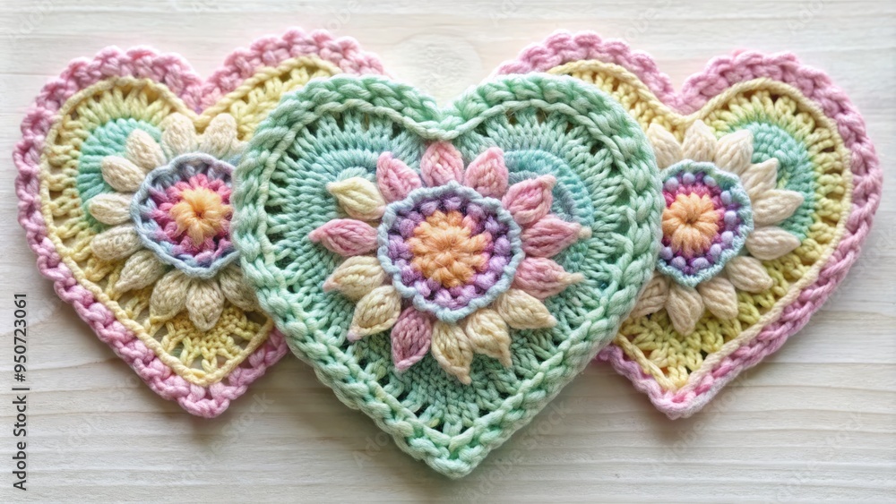 Obraz premium Whimsical heart-shaped crochet design featuring intricate stitches, delicate patterns, and soft pastel hues, perfect for Valentine's Day or romance-themed projects.