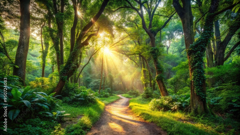 Obraz premium Winding dirt path surrounded by lush green vegetation and towering trees leads through serene nature reserve, sunlight filtering through canopy above.