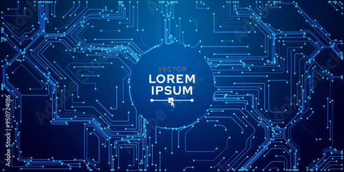 Blue Digital Circuit Trace Lines Technology Circle Center Banner Background. Abstract Digital Tech Bg. Electronics and Computer Technology Concept. Chip And Circuit Board. Vector Illustration.