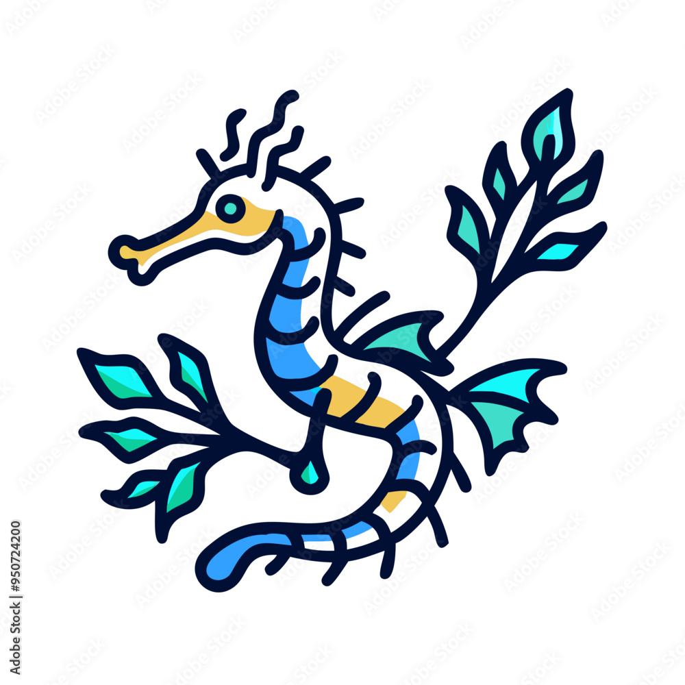 Fototapeta premium Stylized leafy sea dragon in blue and teal linework representing marine biodiversity