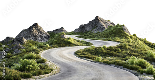 Curvy mountain road with greenery, cut out