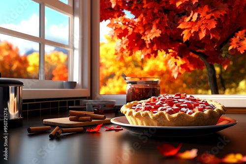 Autumn flavors in a cozy kitchen, illustrated in a scene where a kitchen is filled with the aroma of baking pies, cinnamon sticks, and simmering apple cider, with a view of colorful trees outside photo