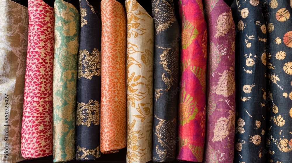 A display of fabrics from various countries, highlighting the global diversity of textile patterns and designs. A display of fabrics from various countries, highlighting the global diversity of textile patterns and designs.