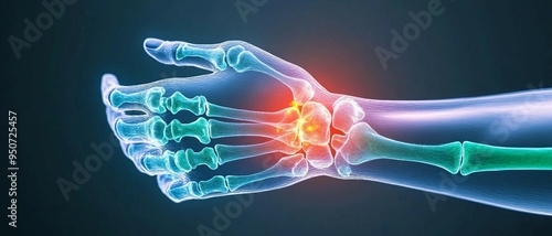 hand Pain X-ray. A 3D wrist bone with glowing orange. 