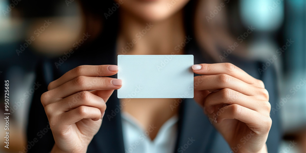 Professional businesswoman holding a blank card, perfect for branding and personalized marketing messages. Professional businesswoman holding a blank card, perfect for branding and personalized marketing messages.