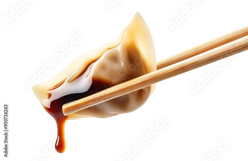Delicious dumpling held with chopsticks, dripping soy sauce, cut out