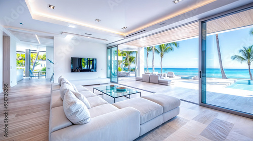 Modern white living room interior design with ocean view beach house architecture home decor seaside lifestyle luxury villa real estate tropical house rental property caribbean decoration