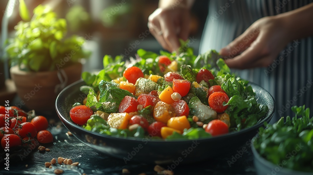 Close-up of fresh, vibrant salad being prepared in a kitchen, showcasing a colorful mix of cherry tomatoes, greens, and vegetables under natural lighting Close-up of fresh, vibrant salad being prepared in a kitchen, showcasing a colorful mix of cherry tomatoes, greens, and vegetables under natural lighting