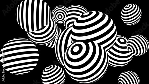 3D Black and White Spheres With Stripes Background. Abstract Stripes Design Vector Illustration.