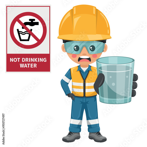 Not drinking water. To prohibit drinking of unsuitable water. Industrial safety engineer with a glass of water undrinkable. Safety first. Industrial safety and occupational health at work