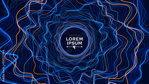 Abstract Sound Wave Round Frame Background. Dynamic Music Wavy Lines Flow. Digital Equalizer. Round Sound Data Visualization. Abstract Vector Background.