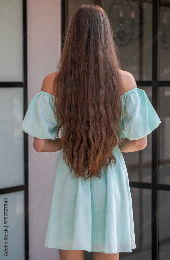 Brunette female hair back, turquoise summer dress Brunette female hair back, turquoise summer dress