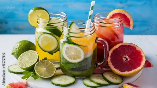 Fresh detox drinks in jars near limes, cucumber and grapefruit isolated on blue