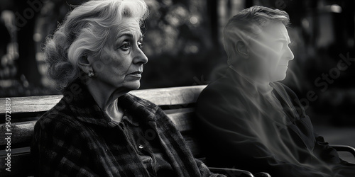 Old woman sits on a park bench next to a shadowy ghost of a man. Concept of loss of loved ones, loneliness and death